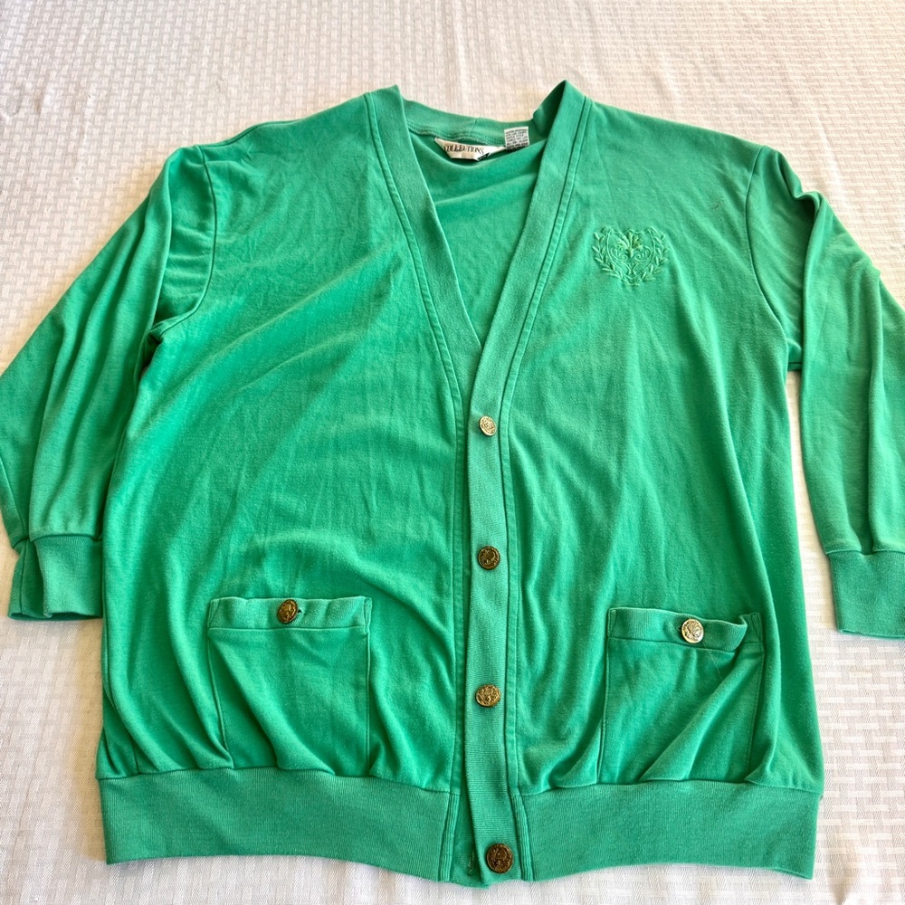 Vintage Kelly Green Crest Cardigan Gold Buttons Preppy 18 90s - Picture 2 of 13